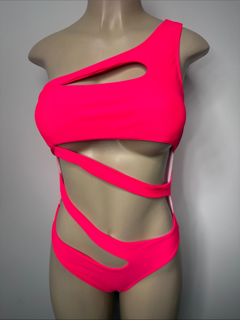 SHEIN Hot Pink One-Shoulder Cutout Monokini